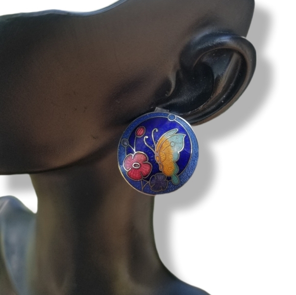 VINTAGE CLOISONNE BUTTERFLY & FLOWER BUTTON CLIP ON EARRINGS - Picture 3 of 6